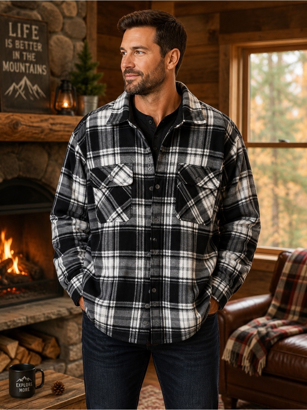 Boston Traders Fleece Lined Plaid Shacket XXL Black Gray